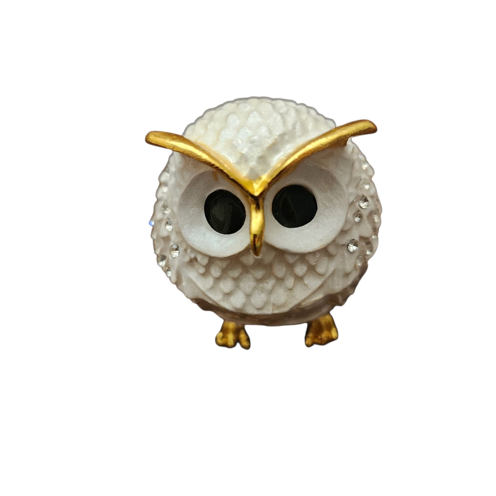 White & Gold Owl Trinket Jewelry Proposal Ring Box Rhinestone Enamel